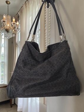 Coach Black Tonal Signature Jacquard Hobo Bag Blue Satin Interior Large Shoulder